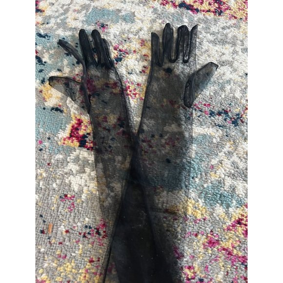 BLACK Mesh Long Opera Ruched Gloves NEW - Picture 8 of 8